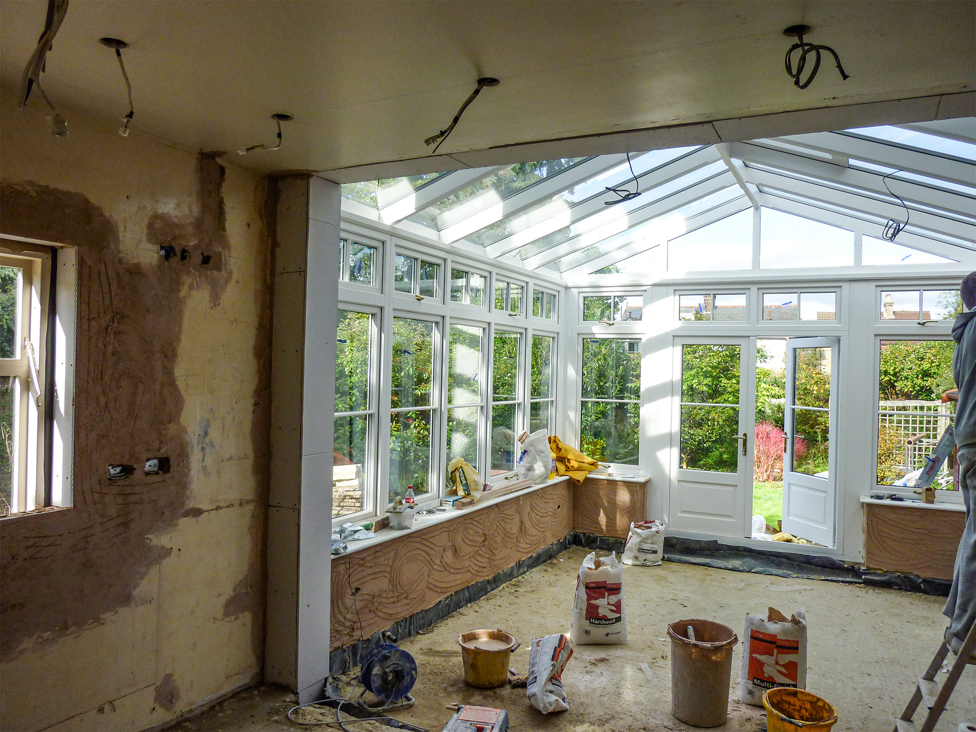 Conservatory Plastering in Progress Orangery ceiling plaster-boarding